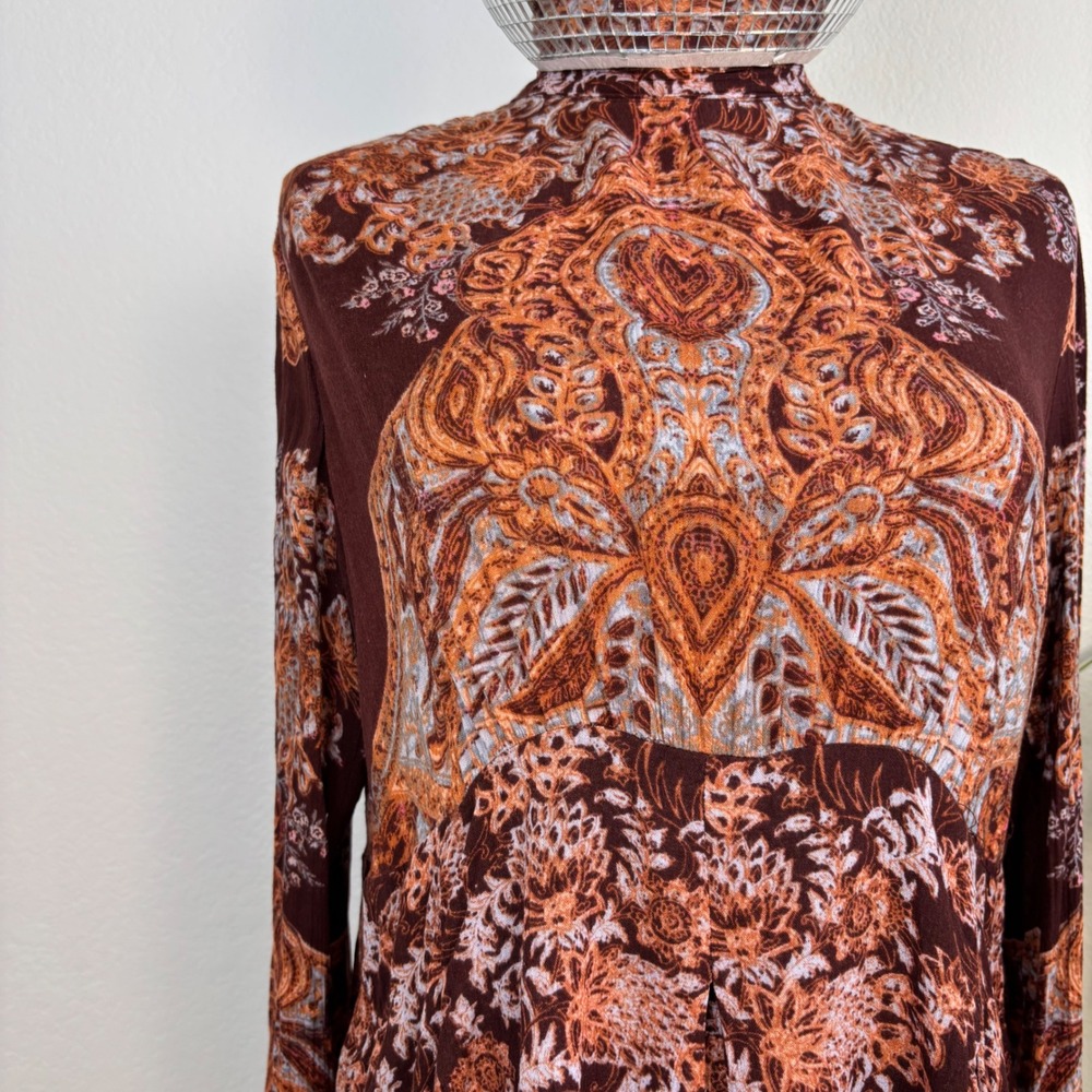 Free People Lady Luck Tunic Medium Burgundy Paisley Open Back Bell Sleeve Hippie - Picture 11 of 14